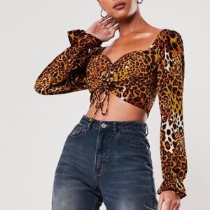 Brown leopard print lace up crop top
